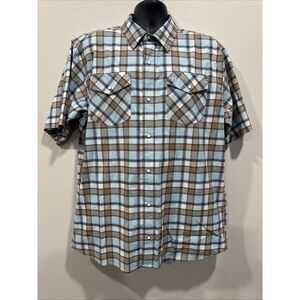 Noble Outfitters Shirt Mens XLT‎ Blue/Brown Plaid Pearl Snap Short Sleeve